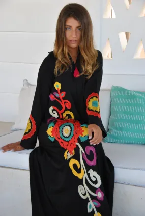 Black flower embroidered Caftan with tassels, summer caftan, Caftans for women, embroidered Caftan dress, Caftan maxi dress