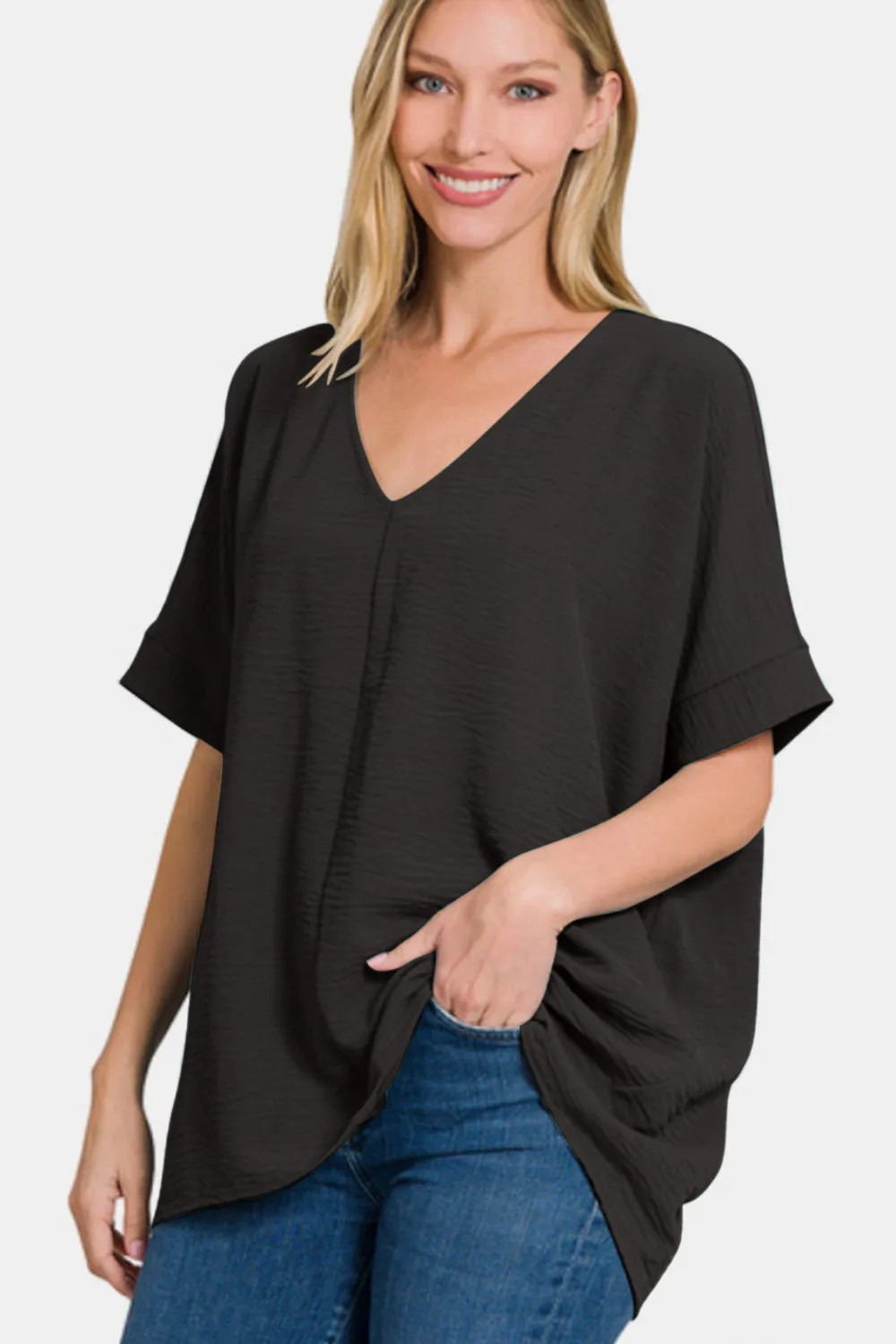 Black Long Tunic For Women Zenana Full Size V-Neck Short Sleeve Top