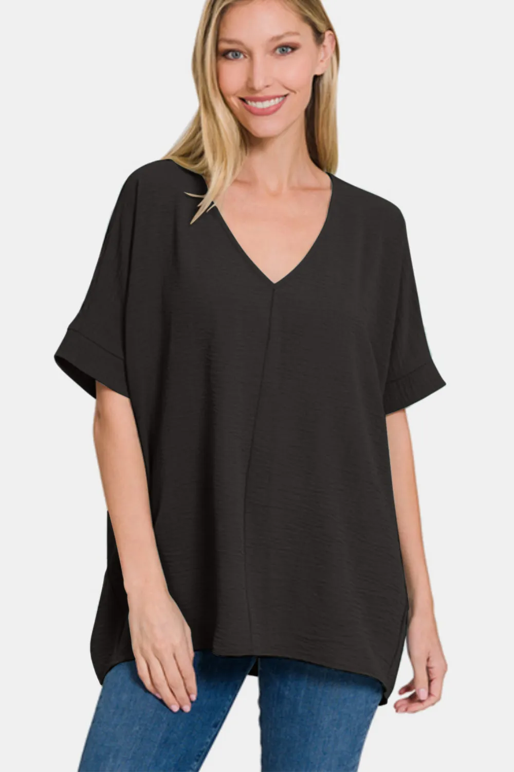 Black Long Tunic For Women Zenana Full Size V-Neck Short Sleeve Top