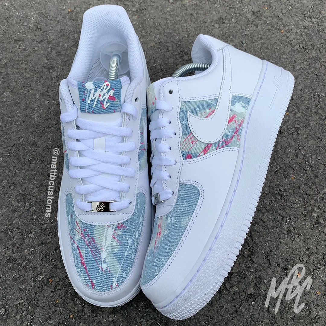 Blue Acid Wash Paint Splat Denim - Air Force 1 Custom