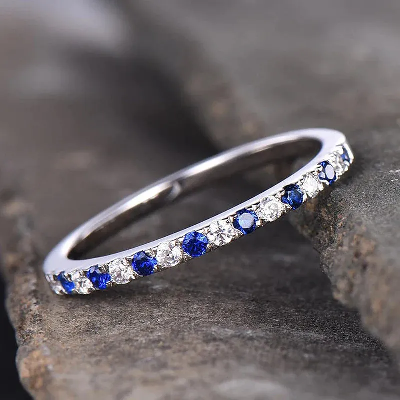 Blue And White Design Half Eternity Wedding Band In Sterling Silver