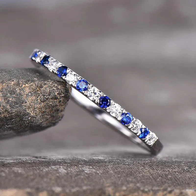 Blue And White Design Half Eternity Wedding Band In Sterling Silver