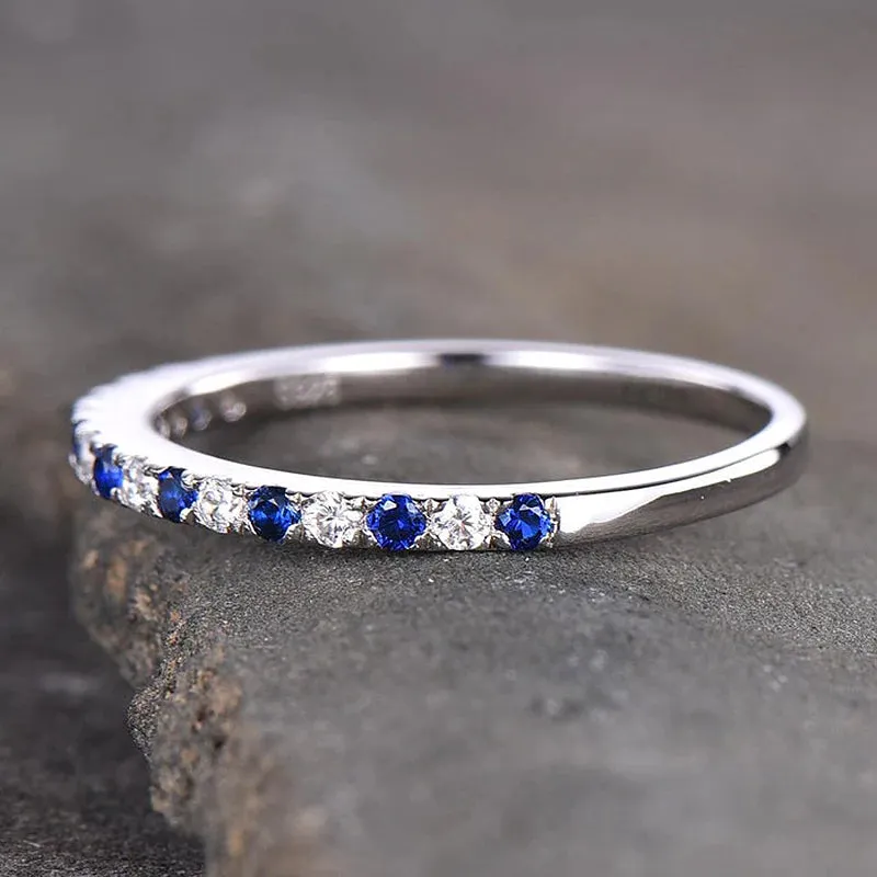 Blue And White Design Half Eternity Wedding Band In Sterling Silver