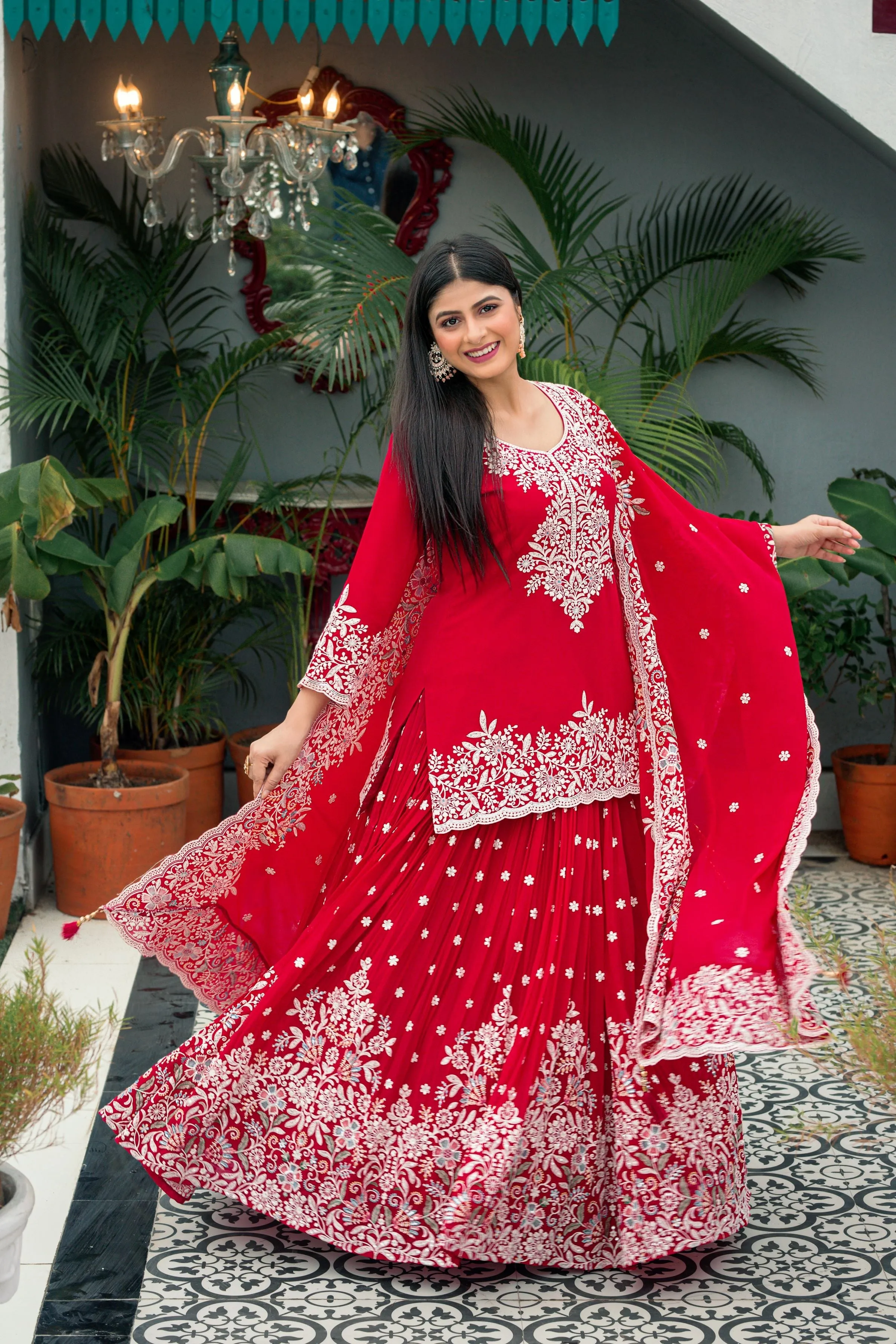 Bright Red Embroidered Swiss Georgette Silk Lehenga Set