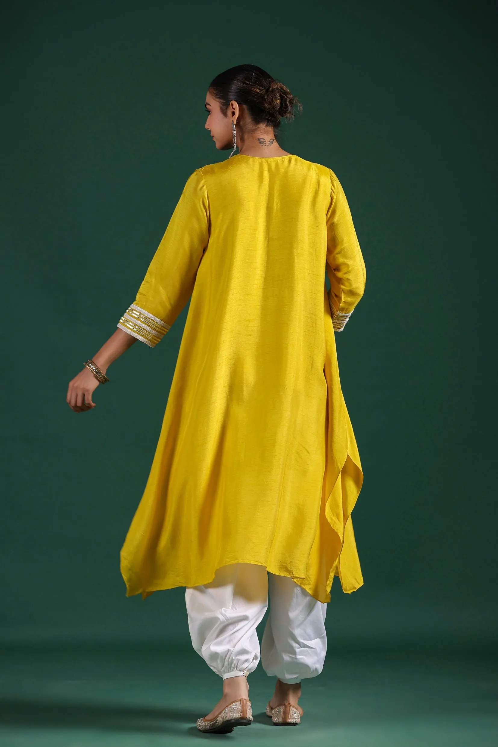 Bright Yellow Embroidered Raw Silk Pants Set