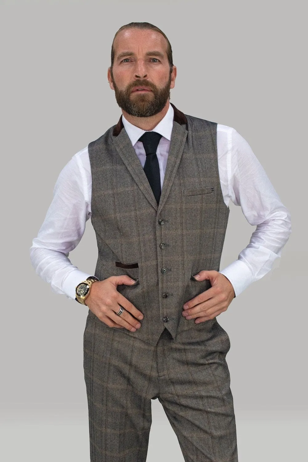 Cavani Connall Brown Tweed Check Style Waistcoat