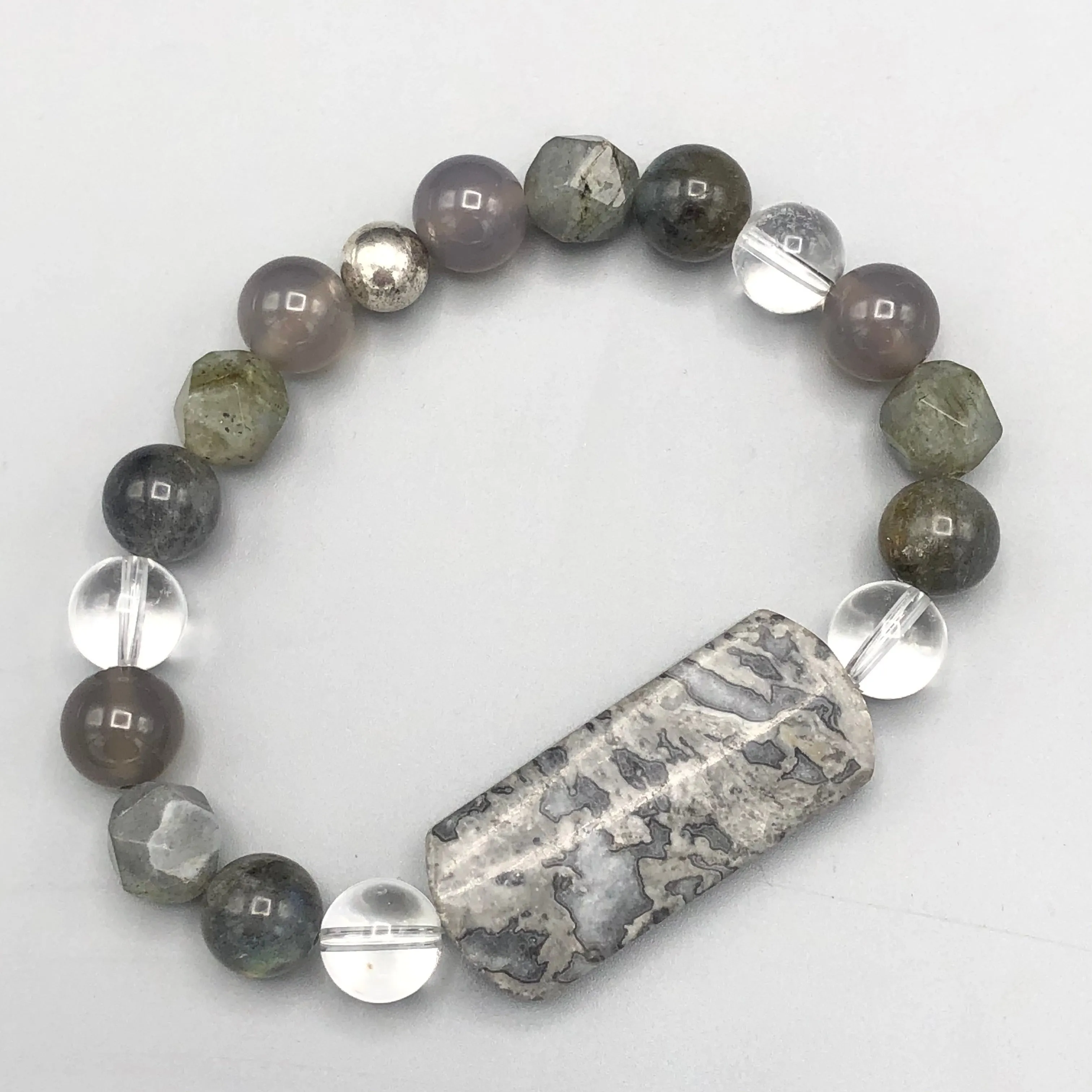 Chinese Crazy Lace Agate Gemstone, Grey Agate, Labradorite, Clear Quartz and Sterling Silver Stretch Bracelet