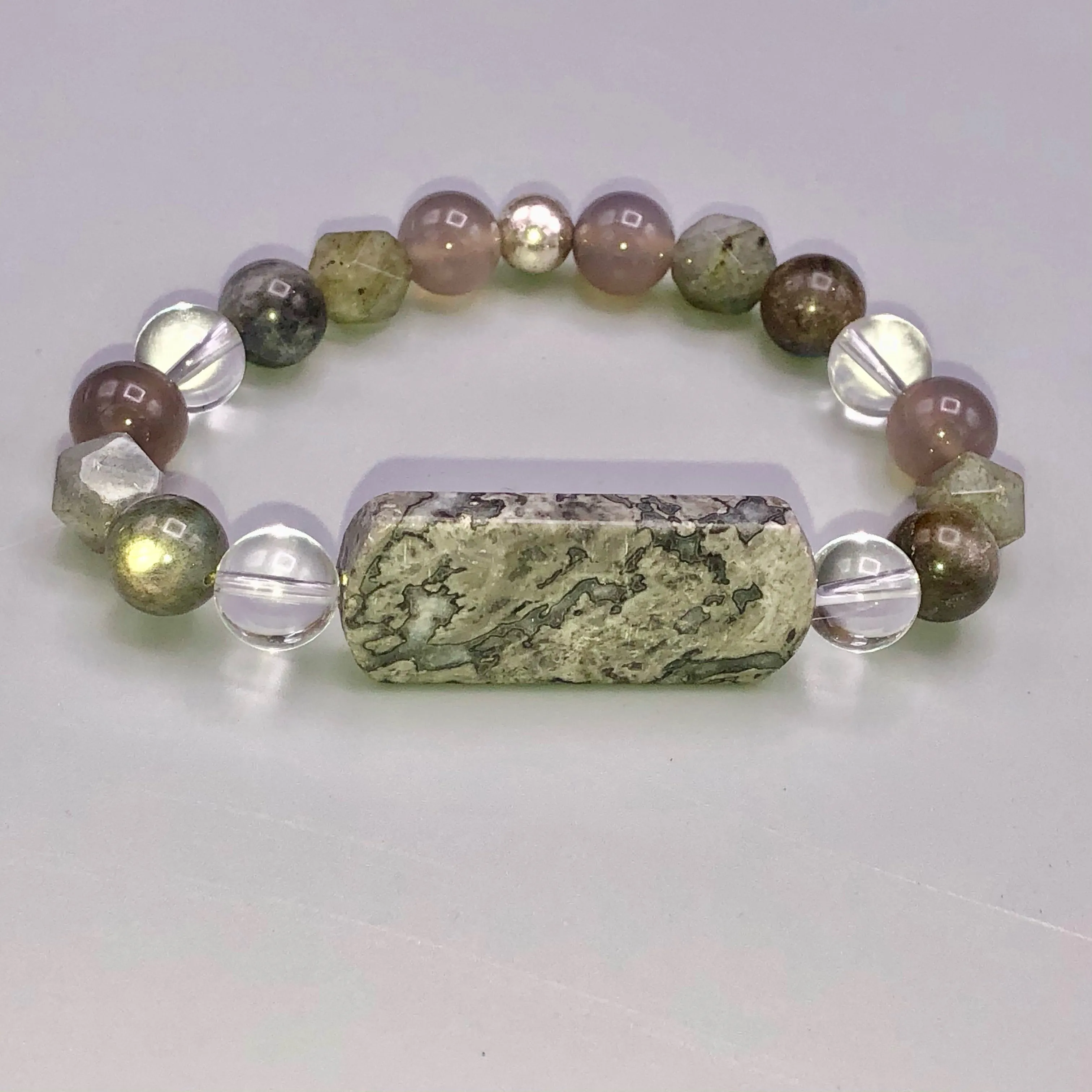 Chinese Crazy Lace Agate Gemstone, Grey Agate, Labradorite, Clear Quartz and Sterling Silver Stretch Bracelet