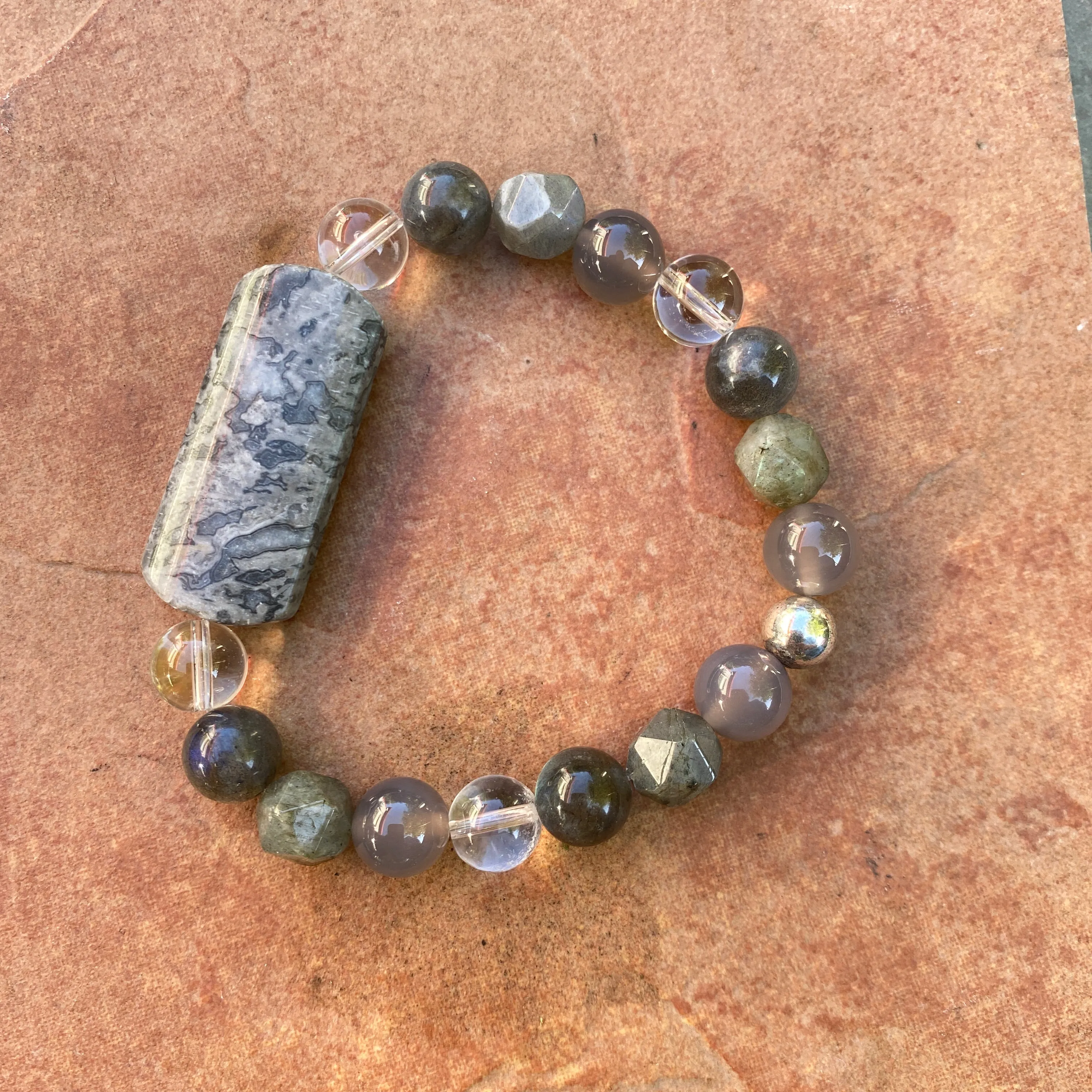 Chinese Crazy Lace Agate Gemstone, Grey Agate, Labradorite, Clear Quartz and Sterling Silver Stretch Bracelet