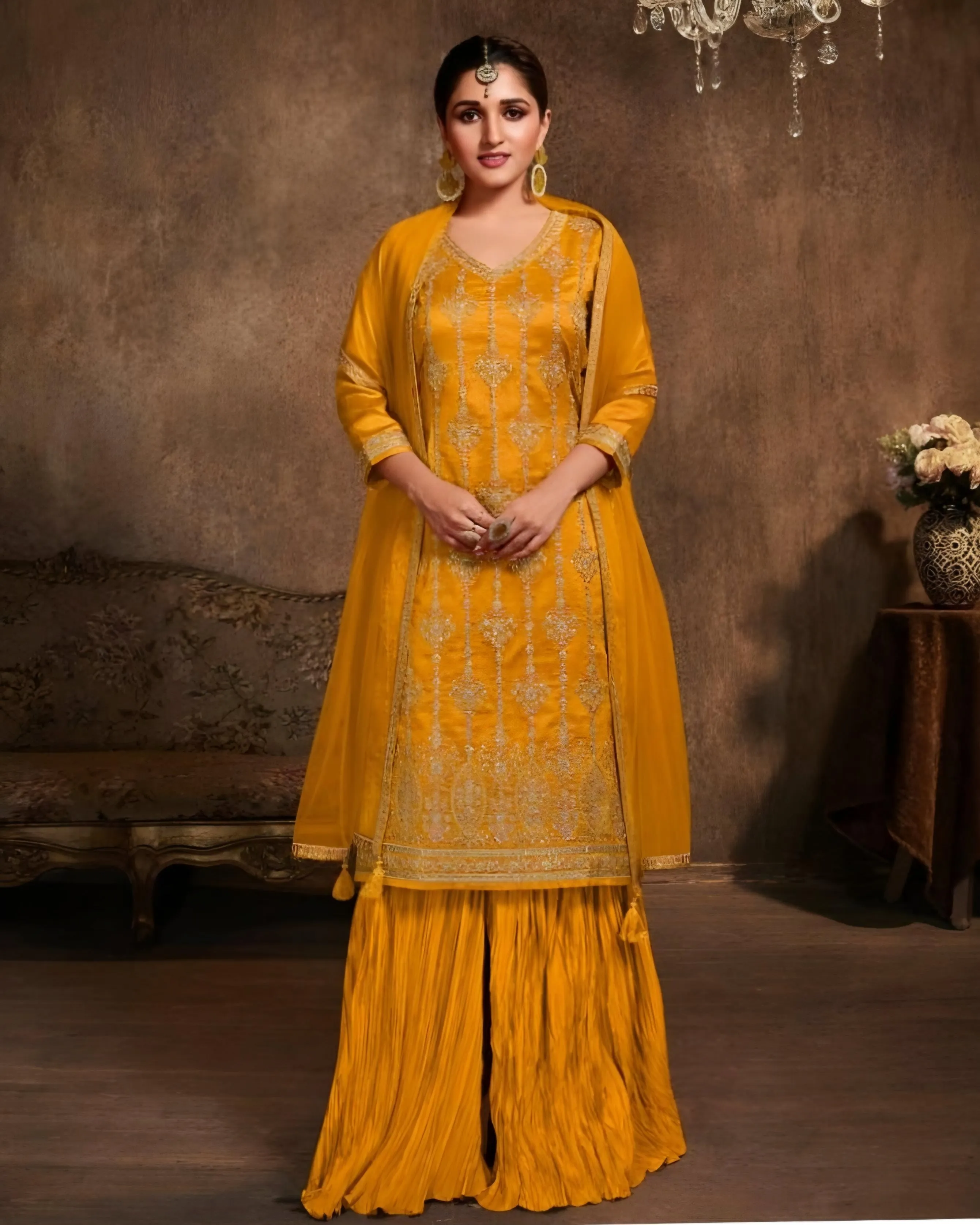 Chinon Silk Sequince Embroidered Salwar Suits Yellow