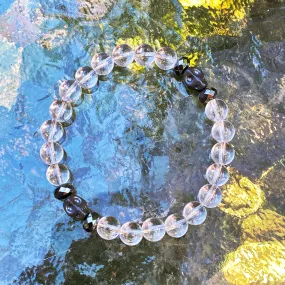 Clear Quartz gemstone and Hematite Skull Men’s Stretch Bracelet