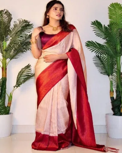 Cream & Maroon Soft Silk With Jacquard Work Saree