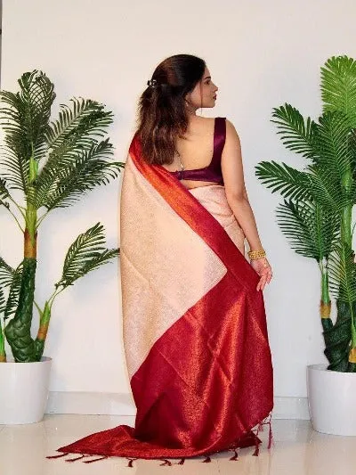 Cream & Maroon Soft Silk With Jacquard Work Saree