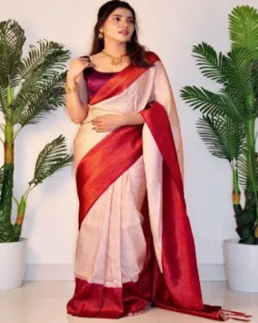 Cream & Maroon Soft Silk With Jacquard Work Saree