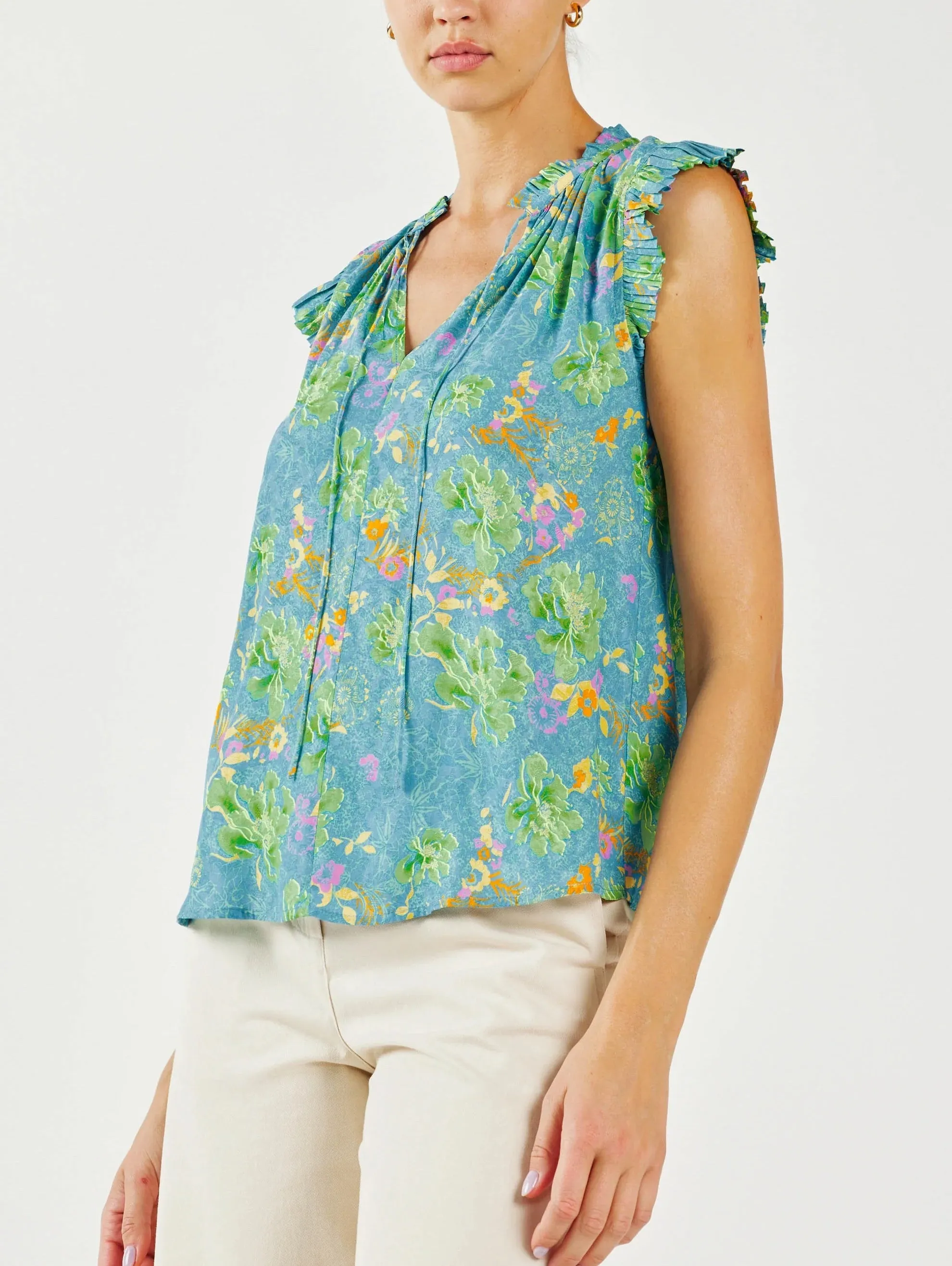 Current Air Floral Ruffle Pleated Blouse