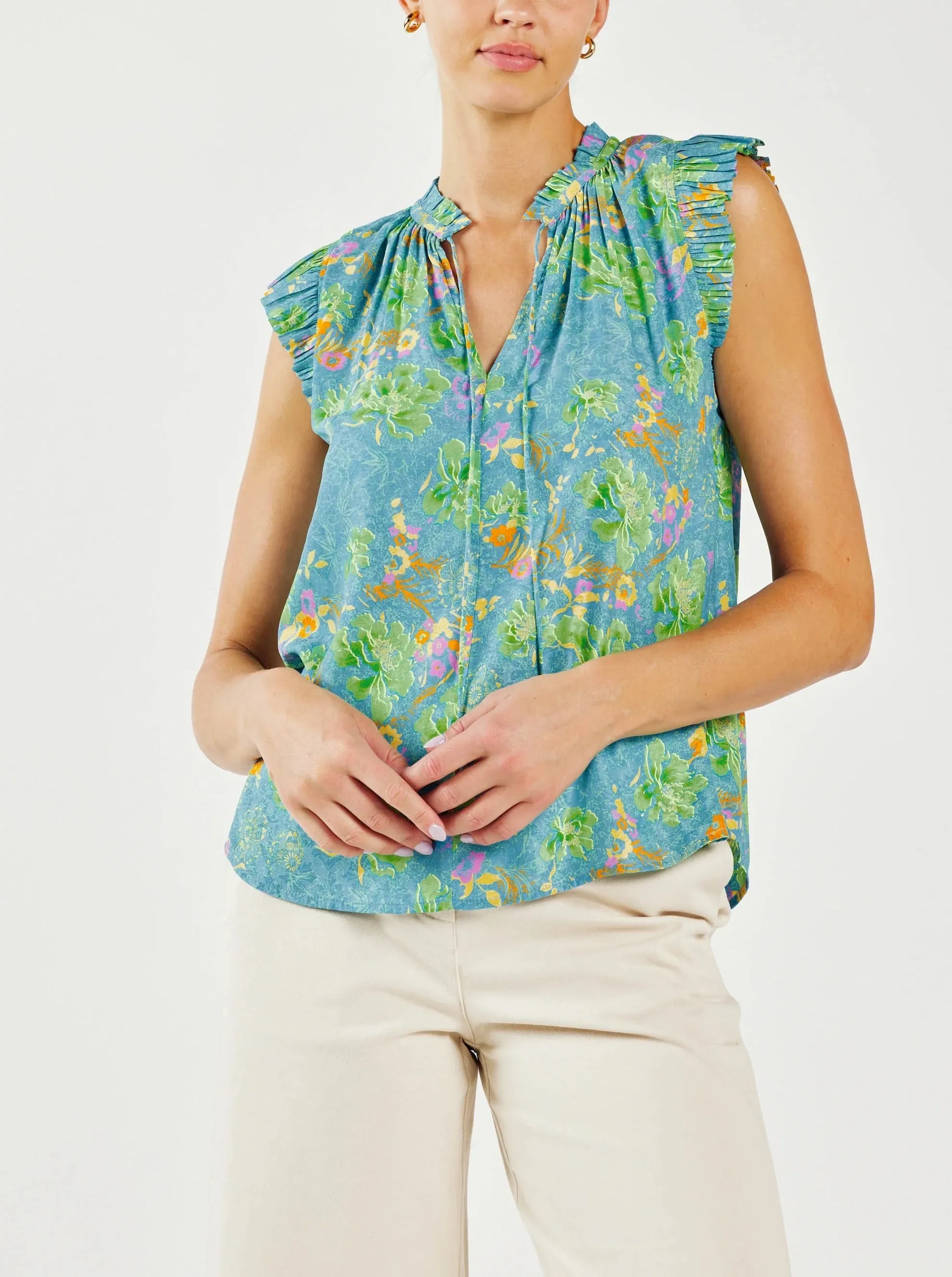 Current Air Floral Ruffle Pleated Blouse