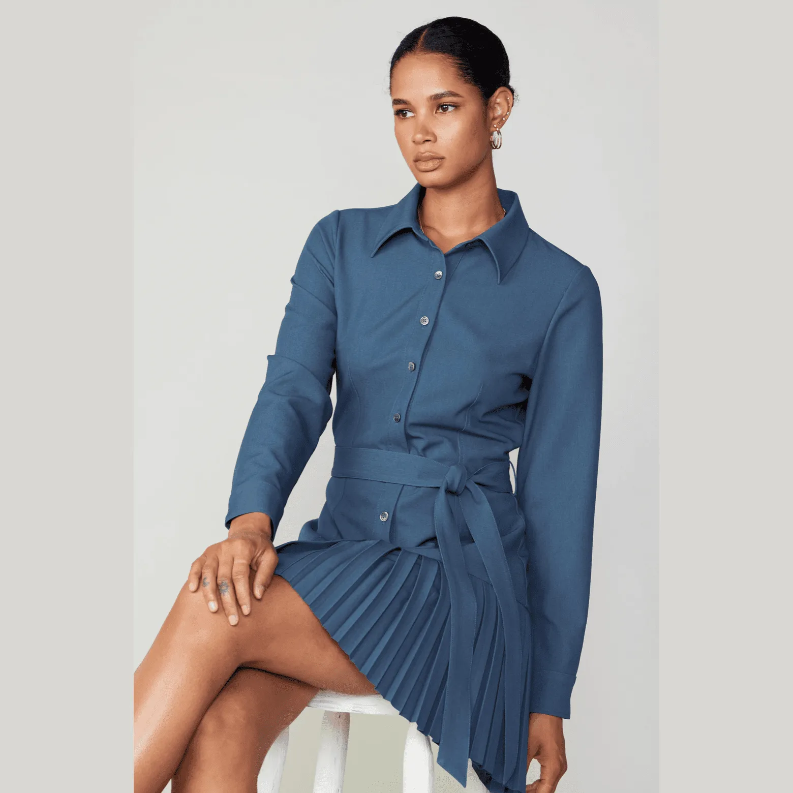 Current Air Pleated Button Down Shirt Dress in Aegean Blue