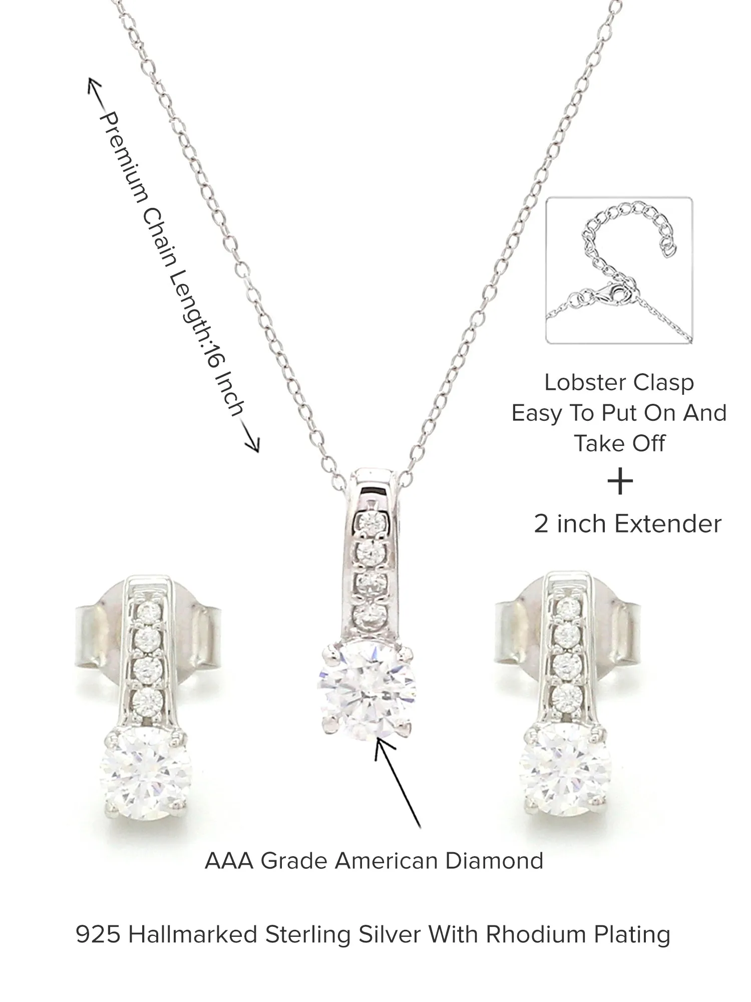 Daily Wear American Diamond Solitaire Earring & Pendant Set For Women