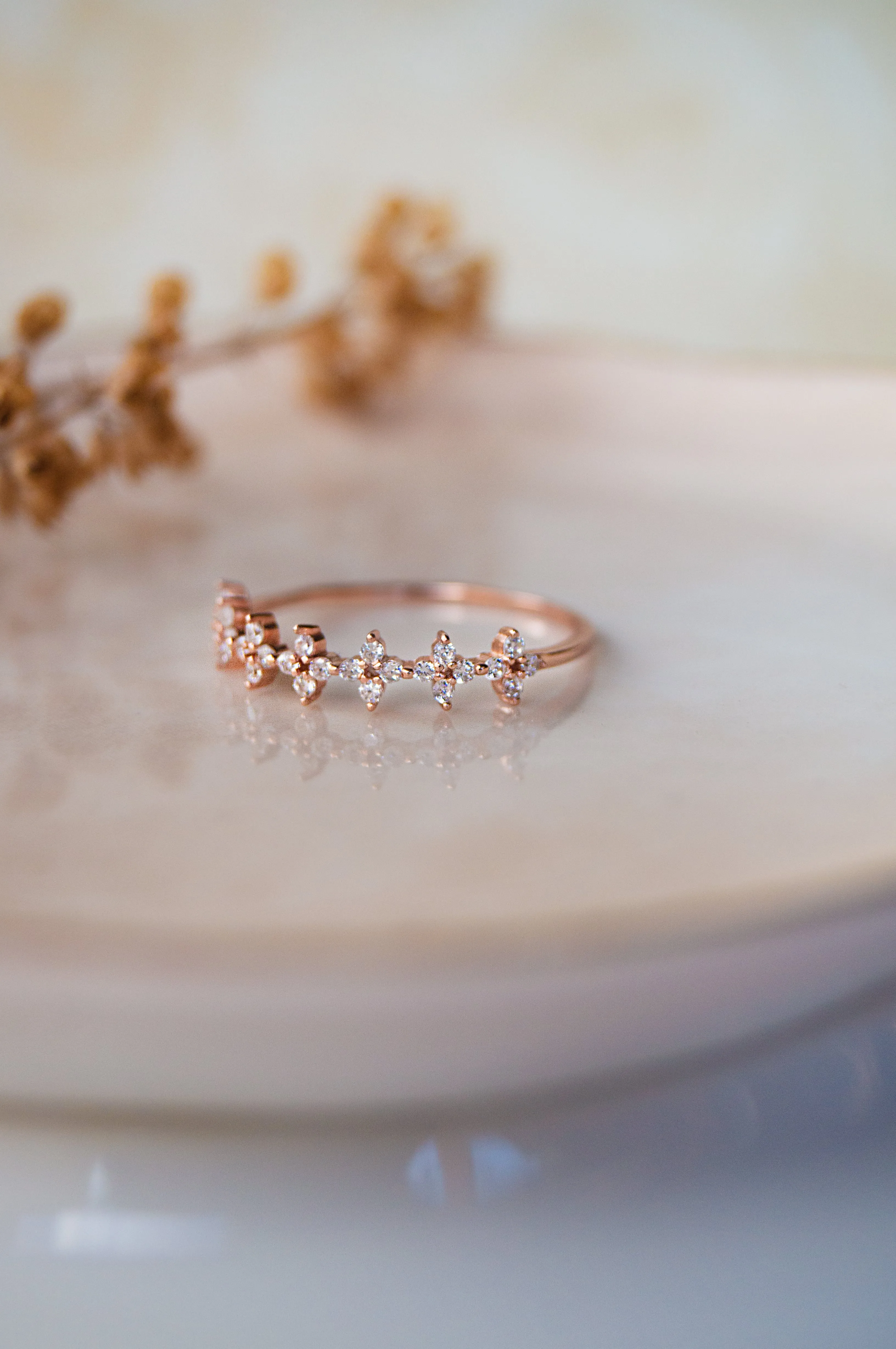 Dainty Flower Garland Rose Gold Plated Sterling Silver Band Ring