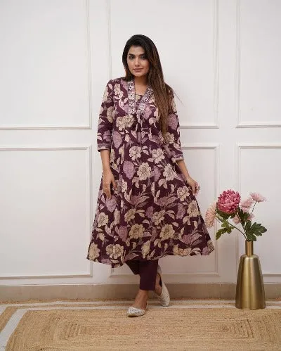 Dark Wine Jaipuri Print V-Neck Kurti Pant Set