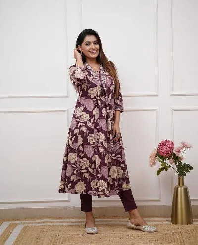 Dark Wine Jaipuri Print V-Neck Kurti Pant Set