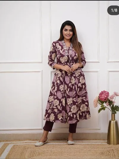 Dark Wine Jaipuri Print V-Neck Kurti Pant Set