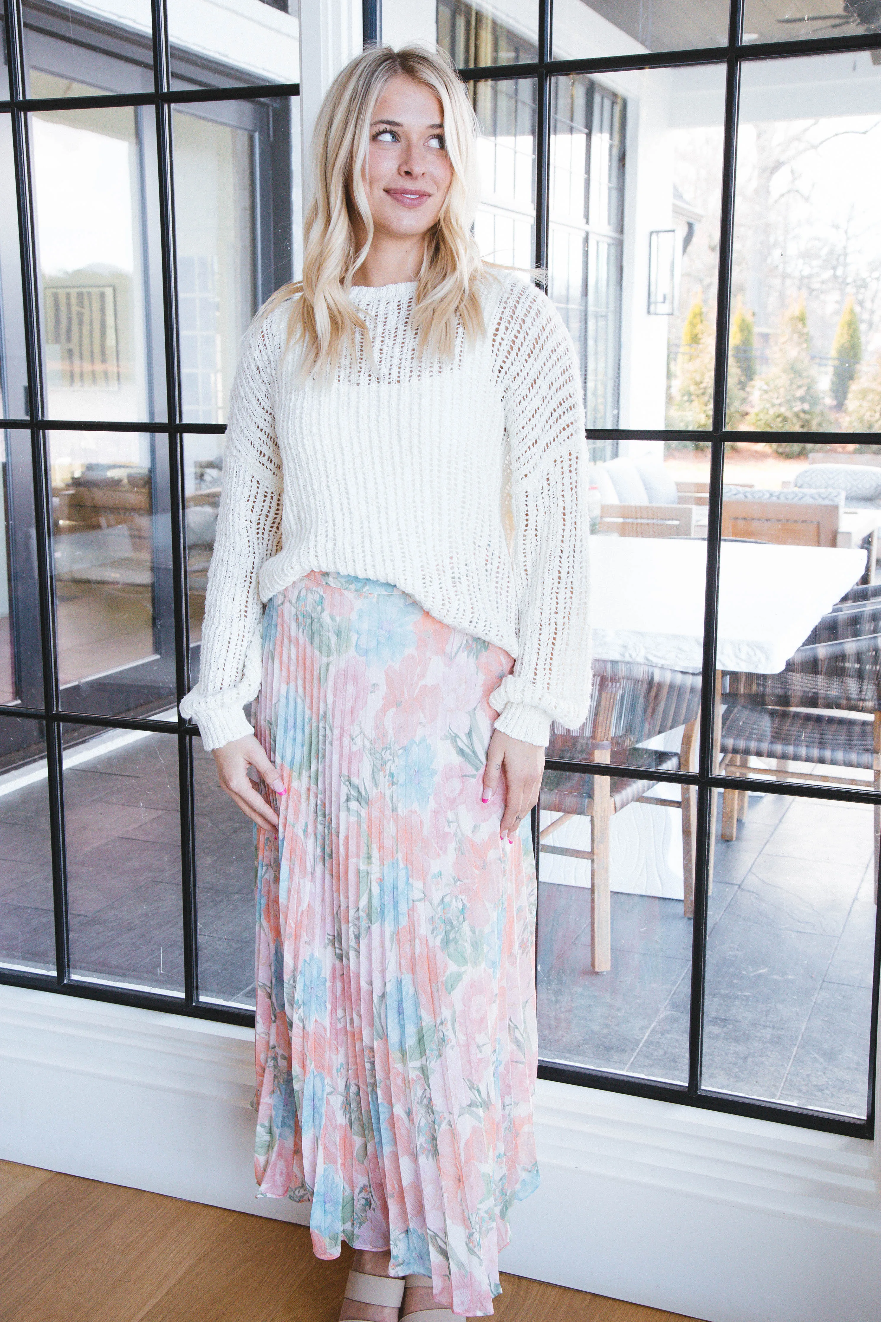 Deborah Pleated Maxi Skirt, Peach Multi