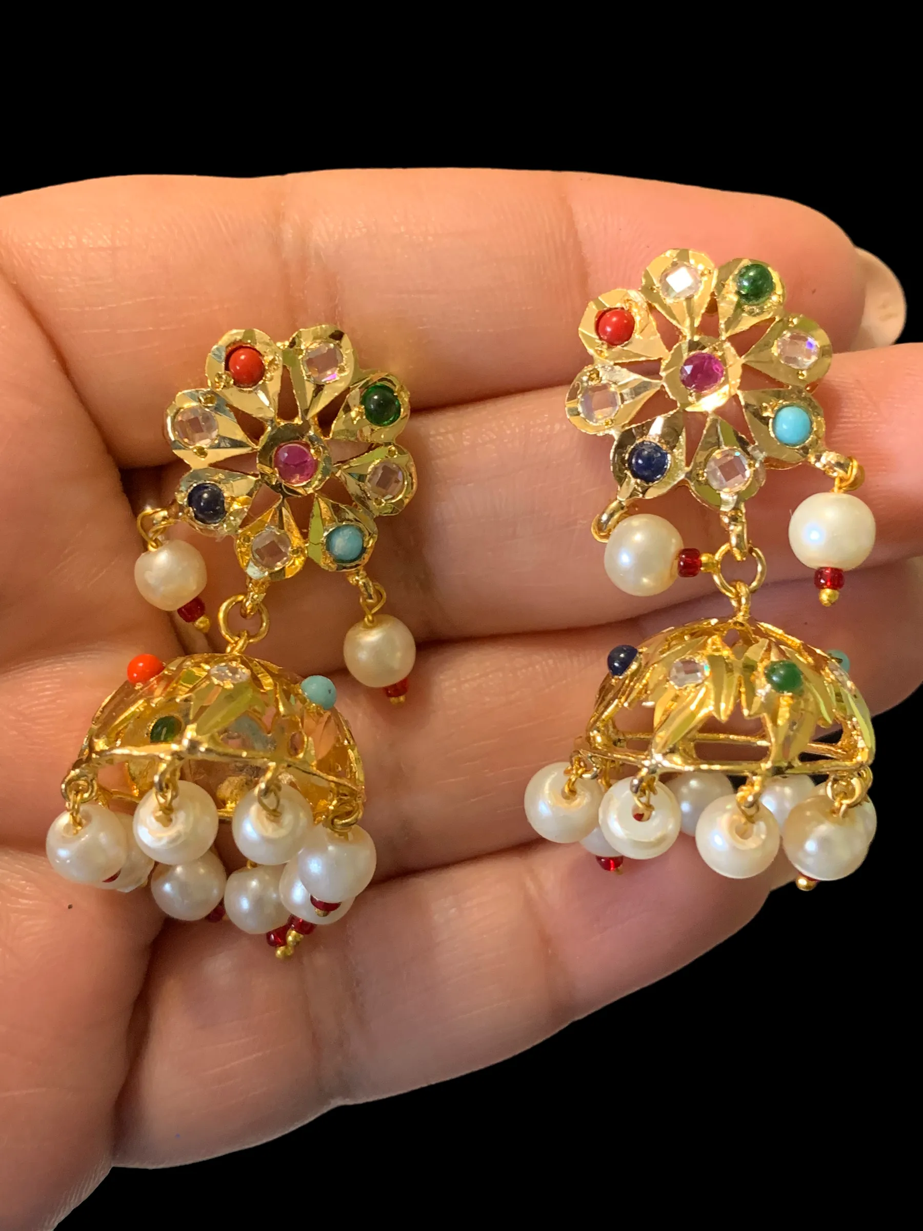 DER344 Navratan jhumka in flower tops ( SHIPS IN 3 WEEKS )