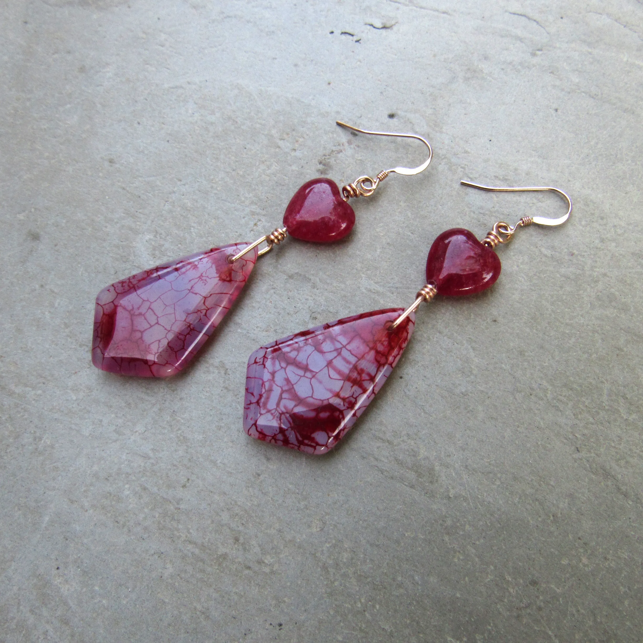 Dragon’s Vein Agate, Jade Gemstone Heart, and 14 kt Rose Gf Drop Earrings