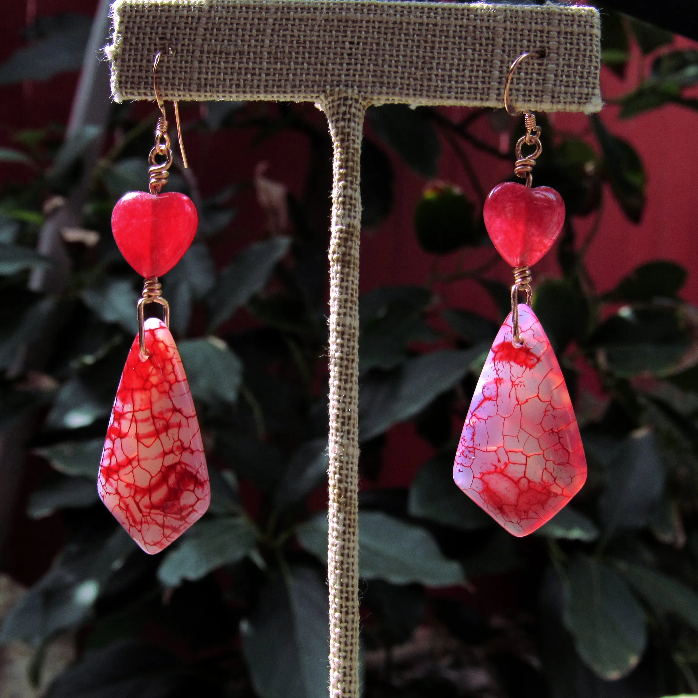 Dragon’s Vein Agate, Jade Gemstone Heart, and 14 kt Rose Gf Drop Earrings