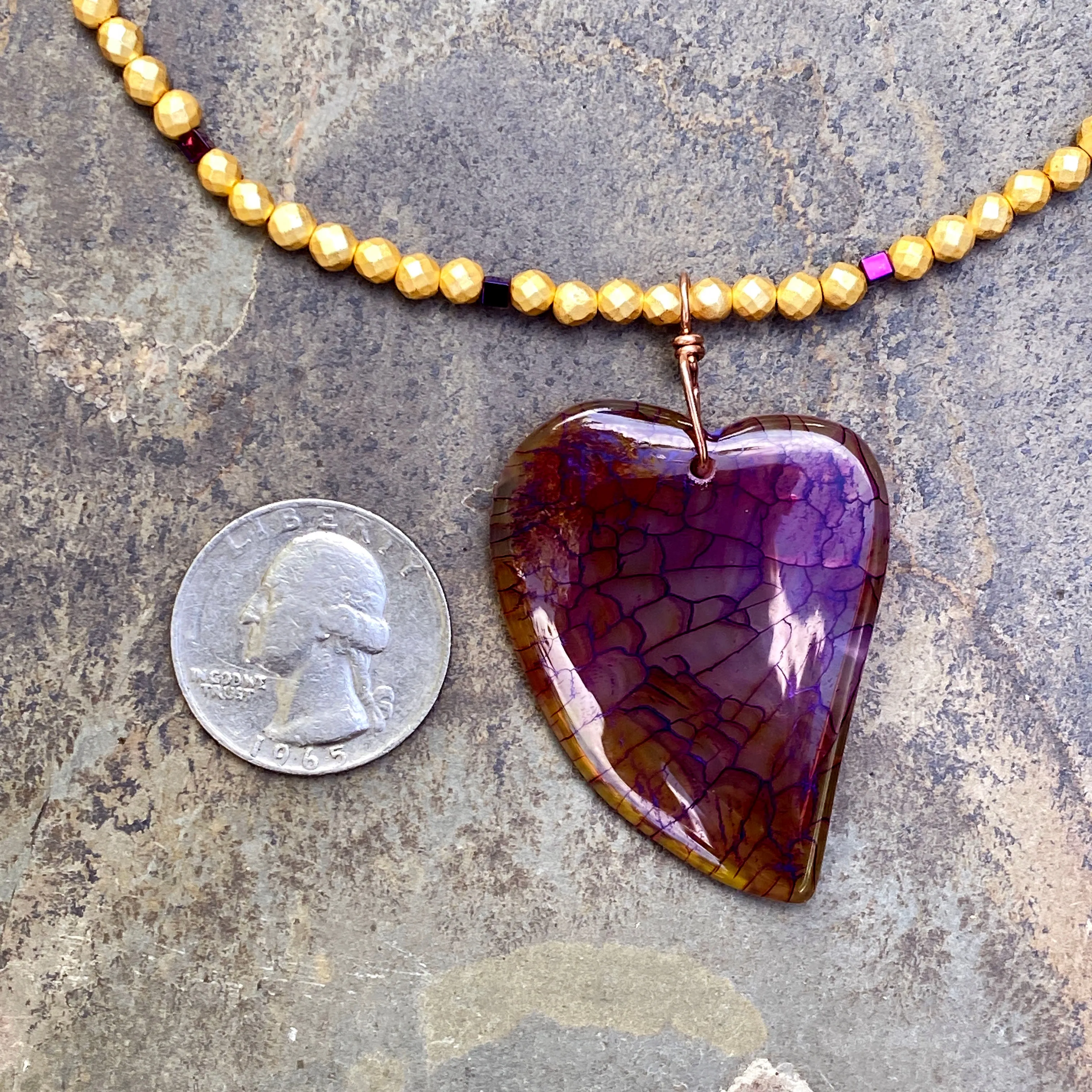 Dragon’s Vein Heart Pendant on Gold & Purple Hematite and 14 Kt GF Clasp