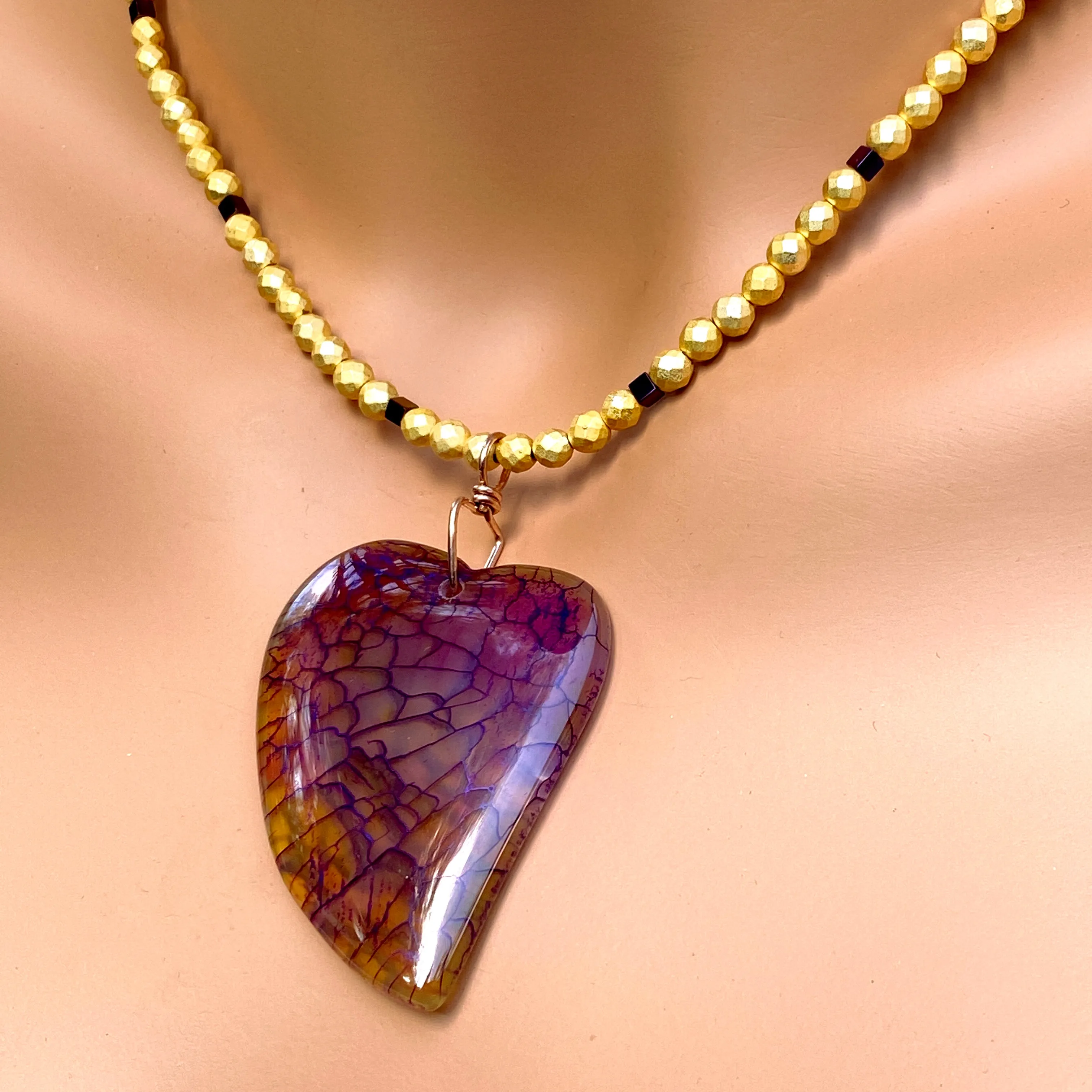 Dragon’s Vein Heart Pendant on Gold & Purple Hematite and 14 Kt GF Clasp