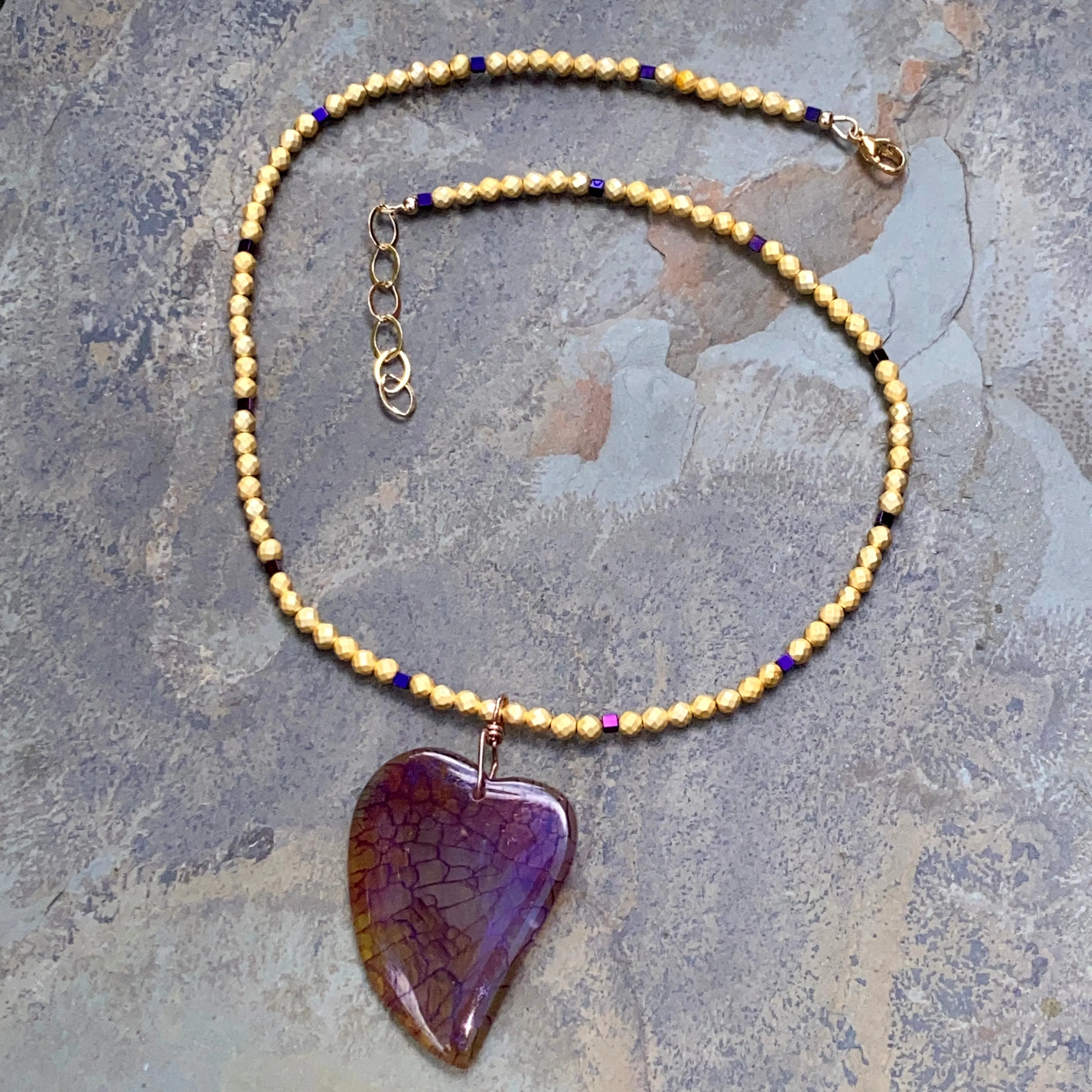 Dragon’s Vein Heart Pendant on Gold & Purple Hematite and 14 Kt GF Clasp