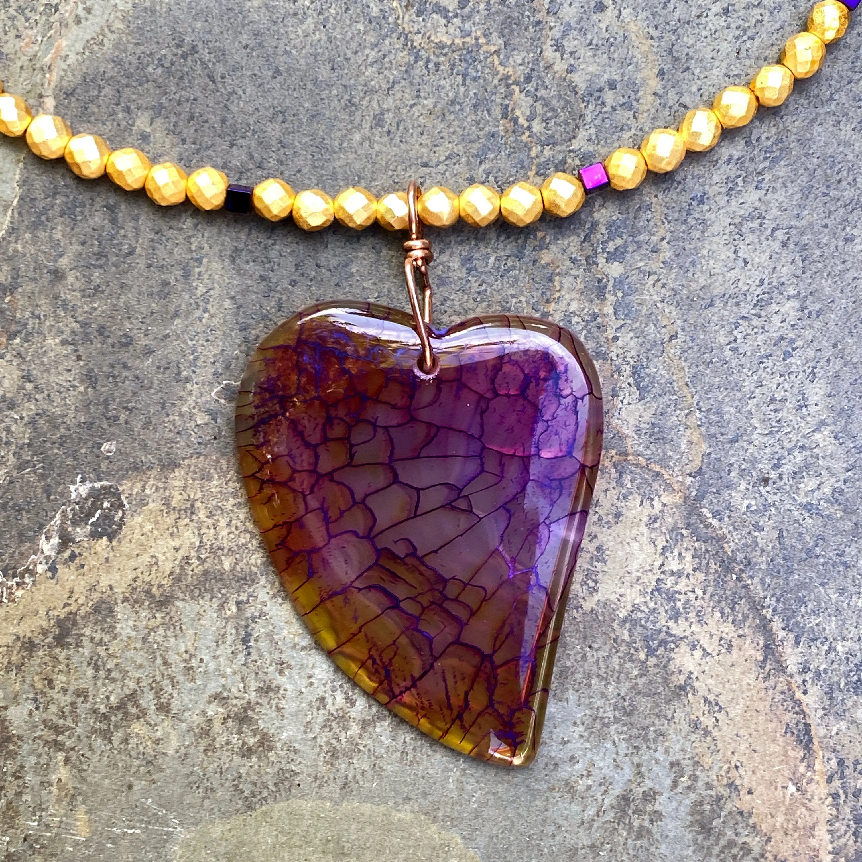 Dragon’s Vein Heart Pendant on Gold & Purple Hematite and 14 Kt GF Clasp