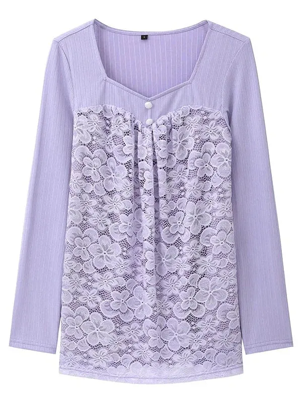 Elegant V-Neck Lace Blouse with Long Sleeves