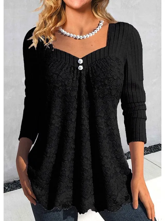 Elegant V-Neck Lace Blouse with Long Sleeves