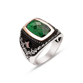 Facet Cut Green Zircon Stone Rectangular Silver Men’s Ring Siding Ottoman Tughra and Branch Pattern