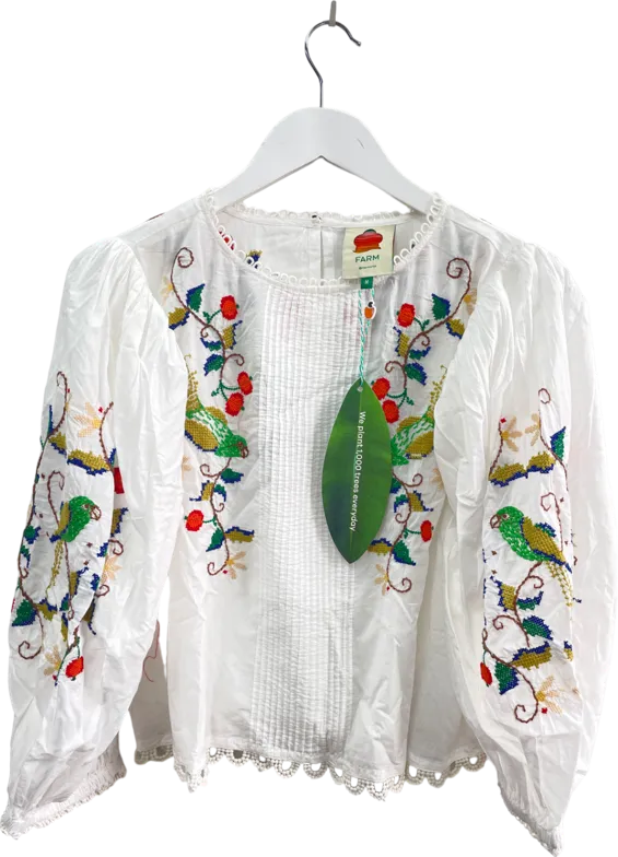 FARM RIO Pitanga Embroidered Billowy-sleeve Blouse - Off White UK L