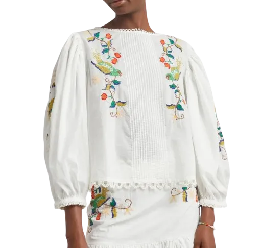 FARM RIO Pitanga Embroidered Billowy-sleeve Blouse - Off White UK L