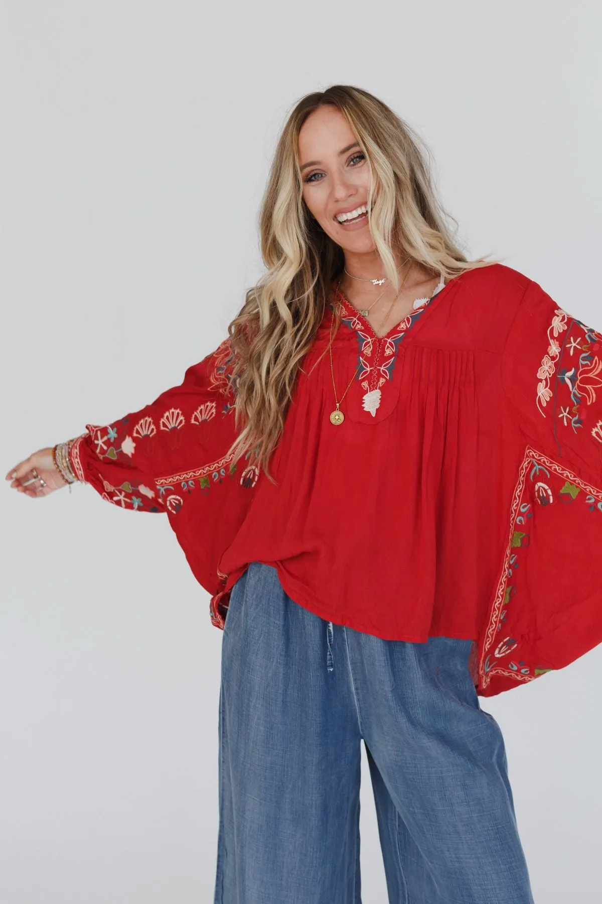 Frida Embroidered Dolman Sleeve Top - Red Orange