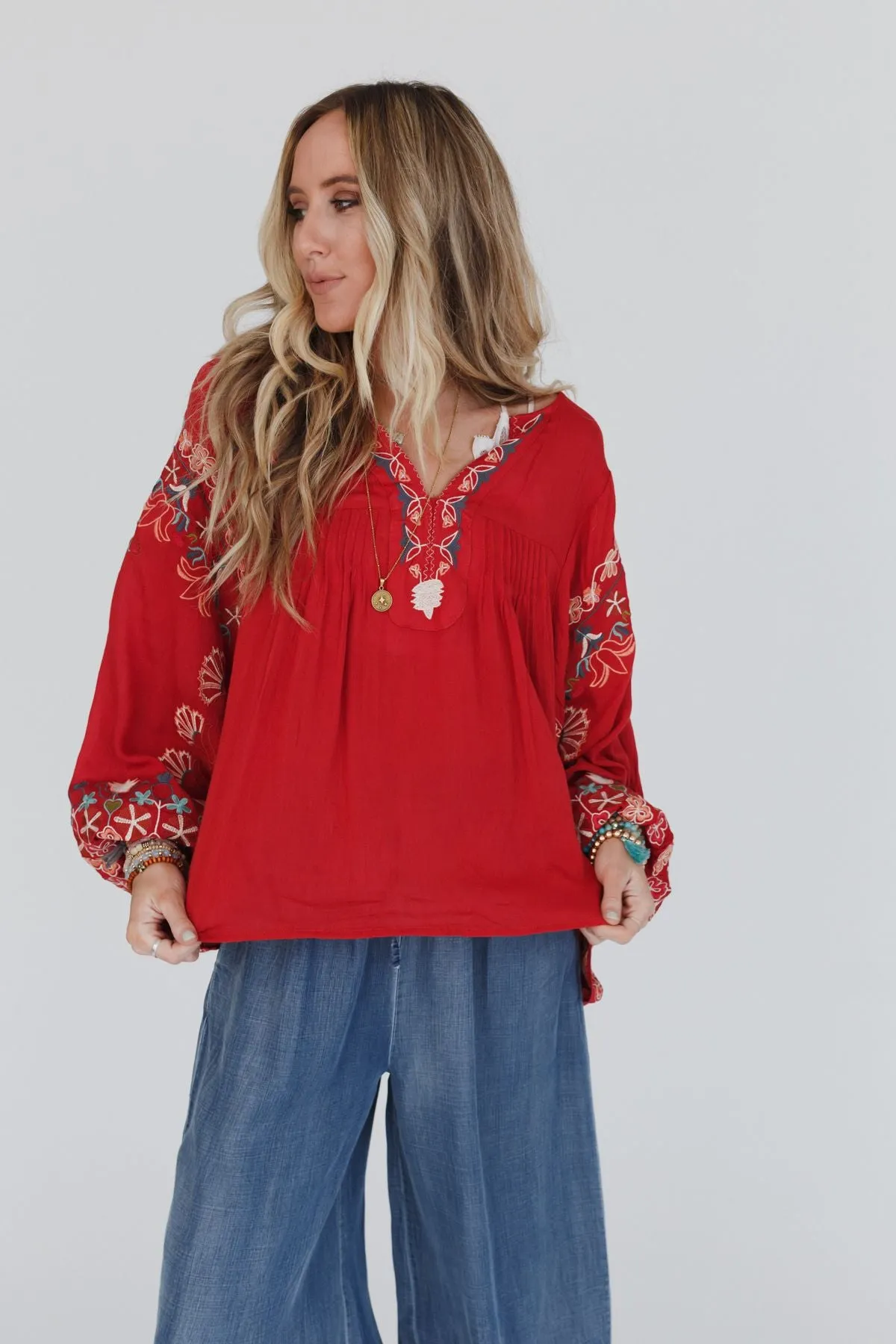 Frida Embroidered Dolman Sleeve Top - Red Orange