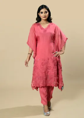 Gajri Pink Georgette Organza Handcrafted Applique kaftan Set with Crystal