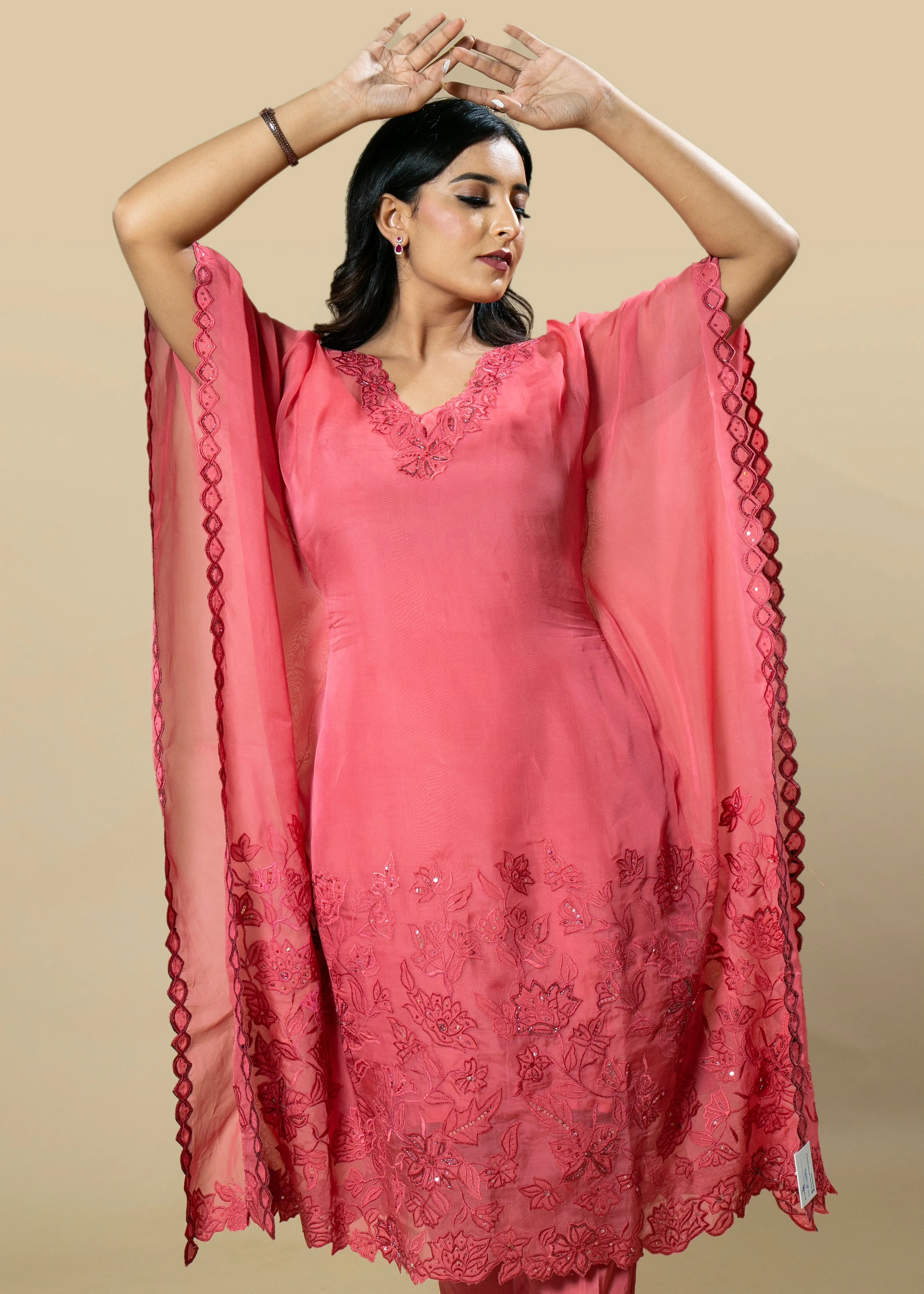 Gajri Pink Georgette Organza Handcrafted Applique kaftan Set with Crystal