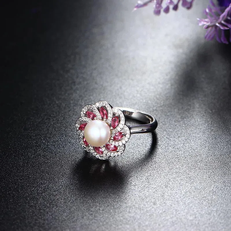 Genuine Freshwater Pearl 925 Sterling Silver Flower Resizable Ring