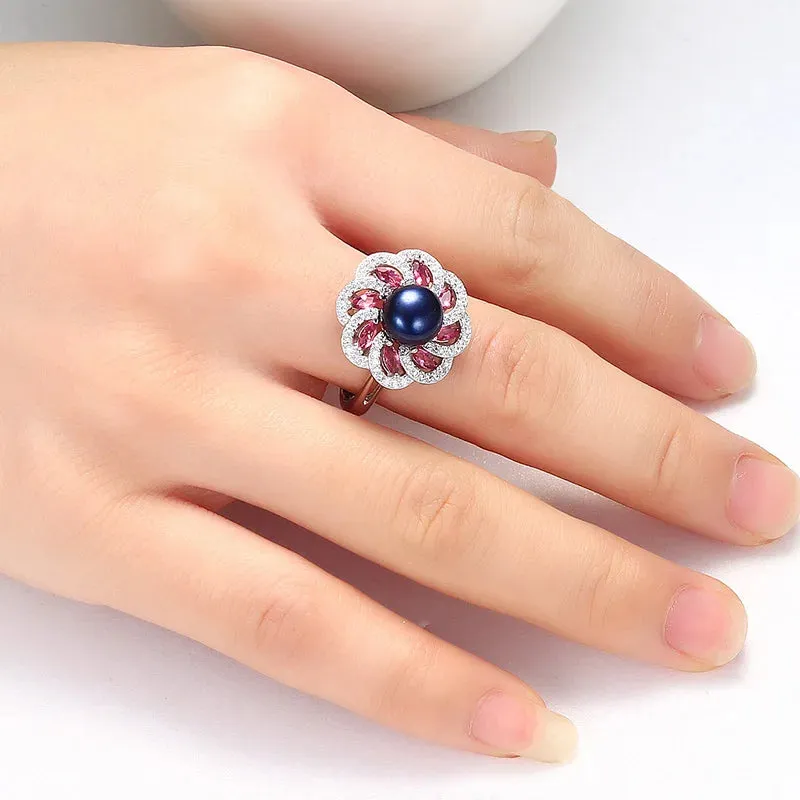 Genuine Freshwater Pearl 925 Sterling Silver Flower Resizable Ring