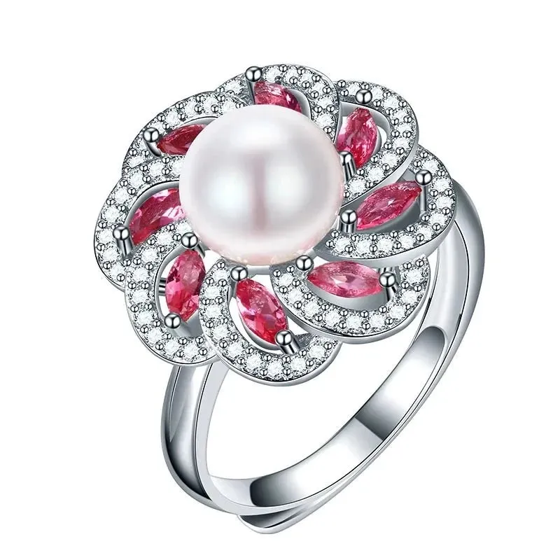 Genuine Freshwater Pearl 925 Sterling Silver Flower Resizable Ring