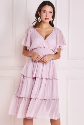 Goddiva Plain Lurex Chiffon Tiered Dress