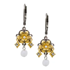 Gold and Pearl Flower Drop Earrings by Eric et Lydie