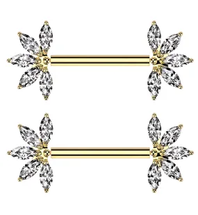 Gold PVD Half Flower Marquise Clear CZ Threadless Titanium Nipple Barbell