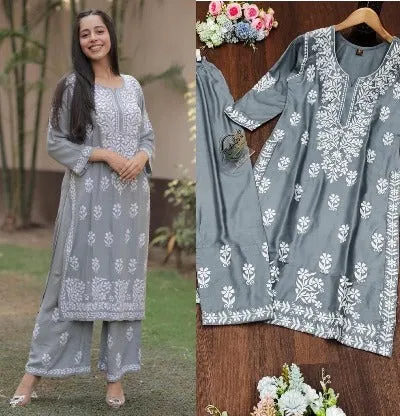 Grey White Cotton Chikankari Set